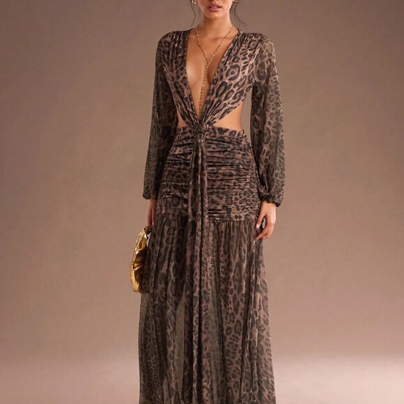 Multicolor Sexy Women's Leopard Print V Neck Backless Maxi Dress - Picture 3 of 7